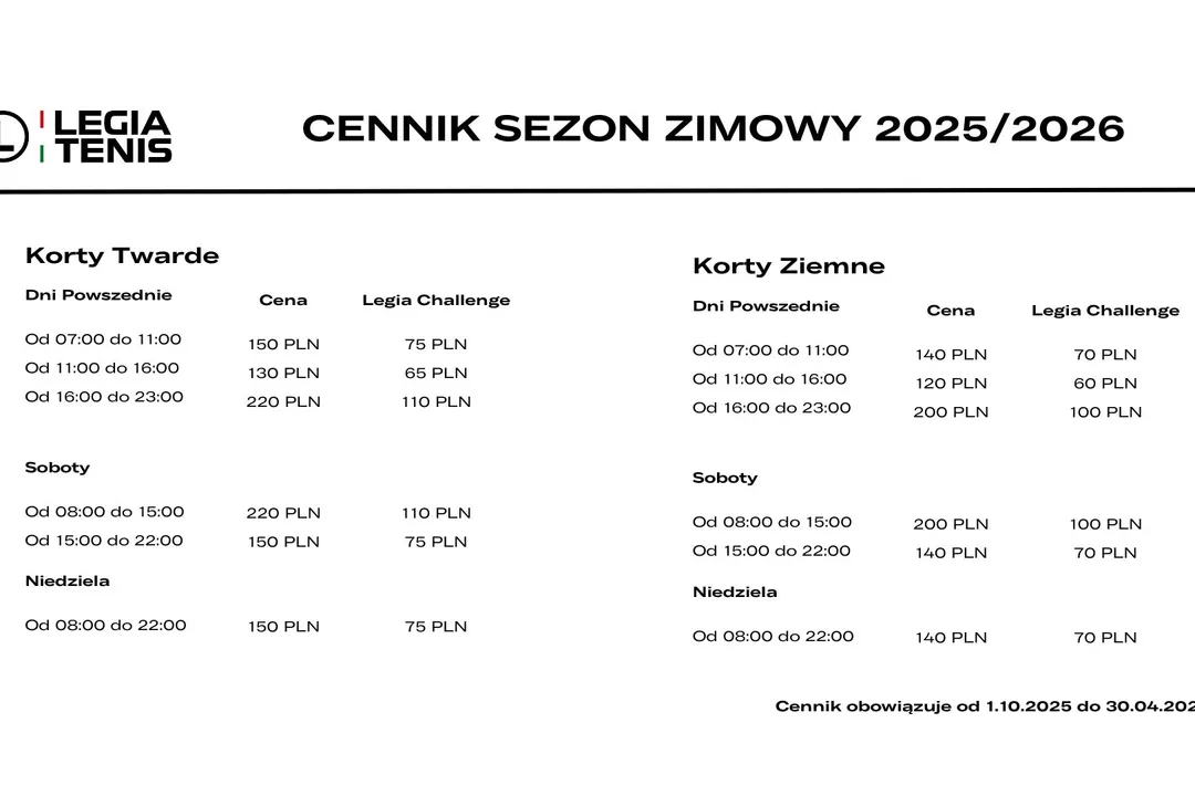 Nowy cennik Legia Tenis 2025/2026